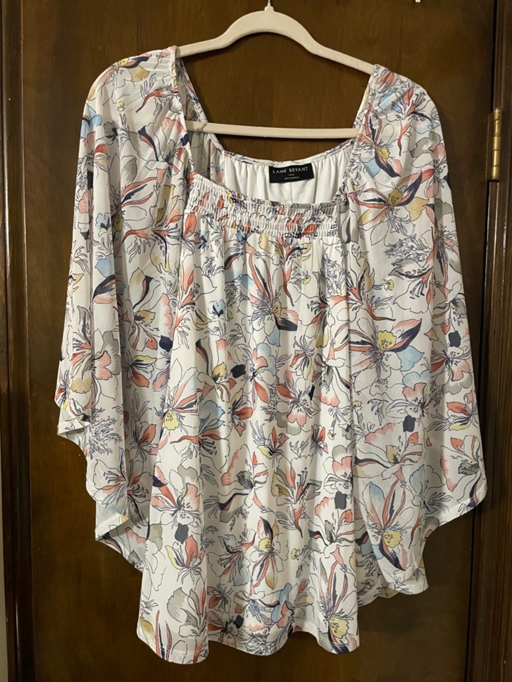 Lane Bryant White Floral Smocked Neck Peasant Top - Multicolor Floral